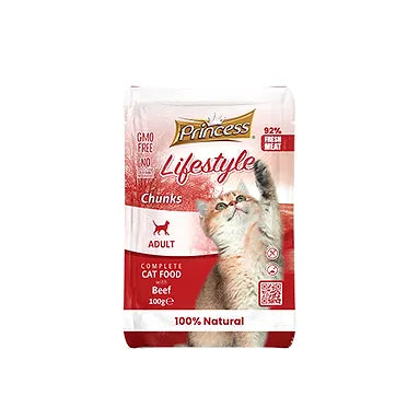 ** Offer 10+1 Free** Princess Lifestyle Chunks - Pouches 100g Adult Beef